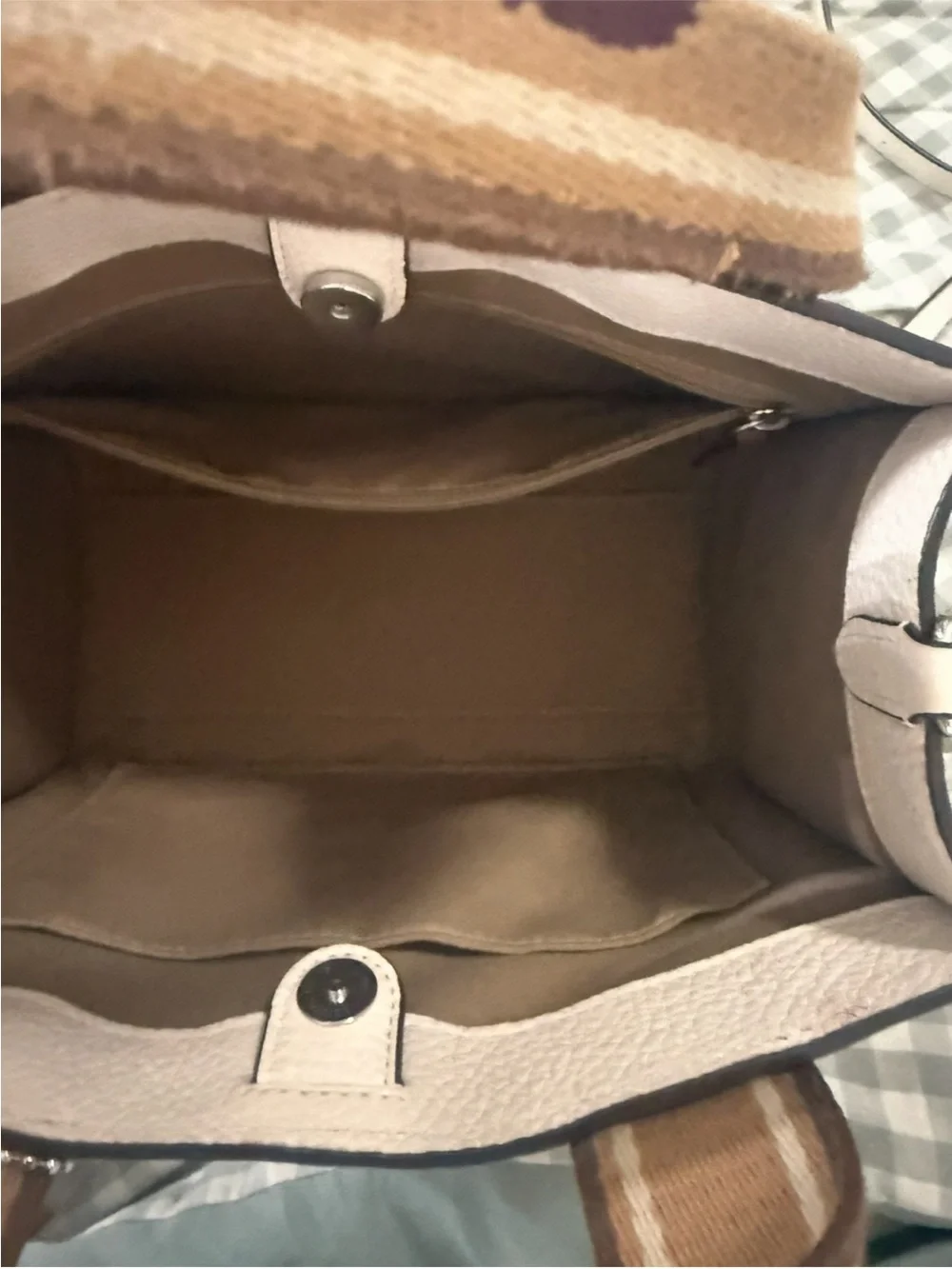 Coach Silver/Chalk Tote with Tan Stripe Handles